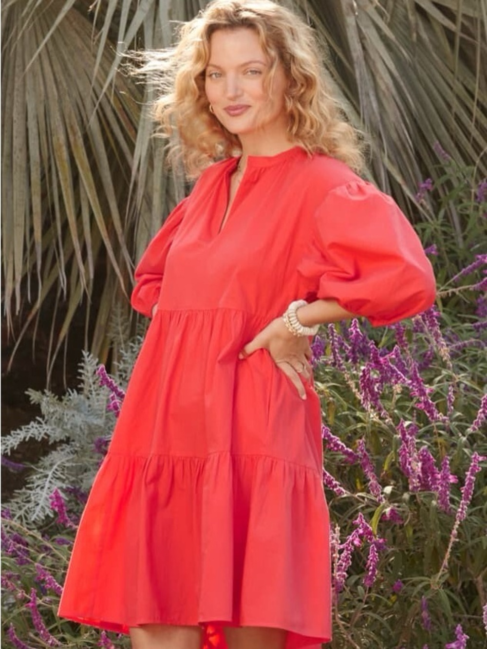Sundry for Evereve Coral Red Tiered Puff-Sleeve Mini Dress